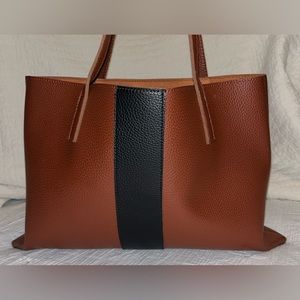 Vince Camuto (Excellent Condition) Leather Tote/Bag, Brown w/ Black Stripe